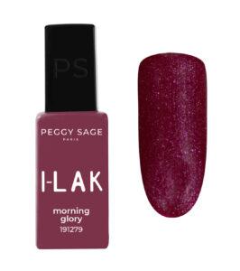 Peggy Sage I-LAK nail polish in Morning Glory with a sparkly magenta swatch beside the bottle