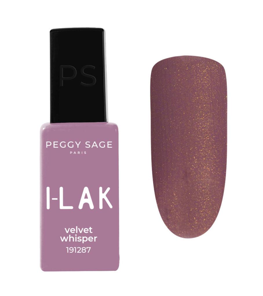 Peggy Sage I-LAK Velvet Whisper nail polish bottle in mauve-lavender with a matching glittery nail swatch beside it.