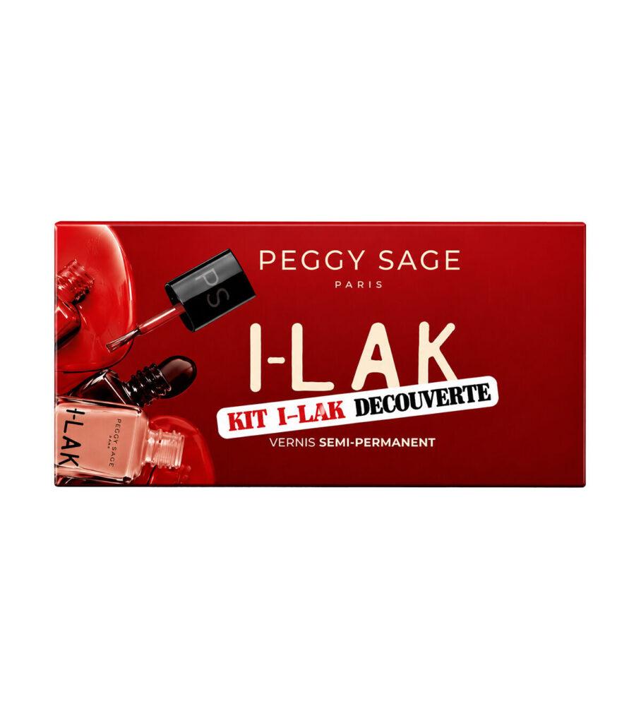 Red Peggy Sage I-LAK kit box with nail polish bottles and black applicator, text reads 'I-LAK' and 'KIT I-LAK DECOUVERTE' (semi-permanent nail varnish)