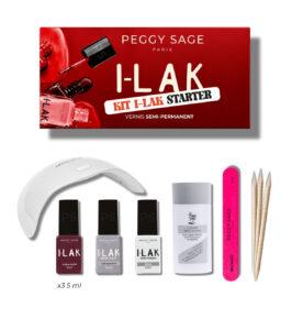 Peggy Sage I-LAK Starter Kit with red box, UV lamp, three polish bottles, cleaner, file, pink buffer and wooden cuticle sticks