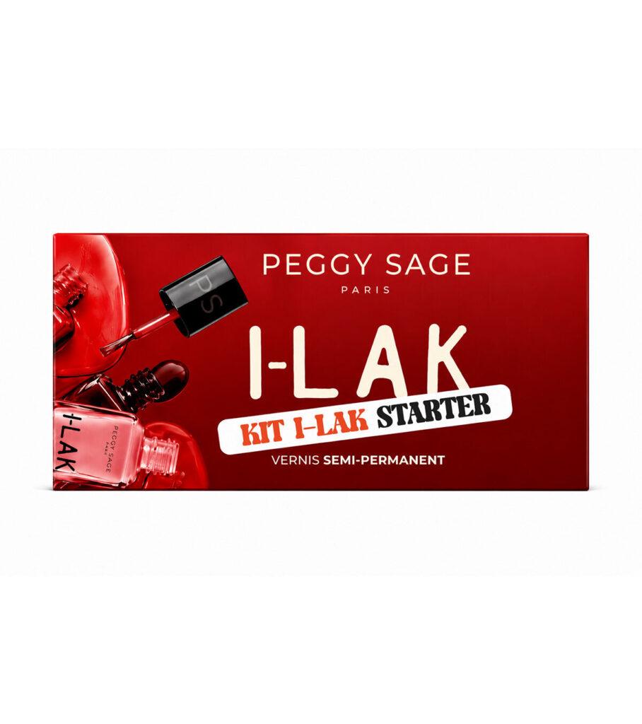 Red Peggy Sage I-LAK Starter kit box with nail polish bottles and brush visible on the left, labeled semi-permanent varnish in white.
