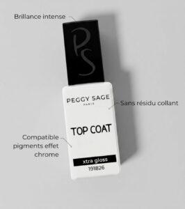 Peggy Sage Paris top coat bottle with black cap, labeled TOP COAT, showing an extra-gloss finish (no sticky residue).
