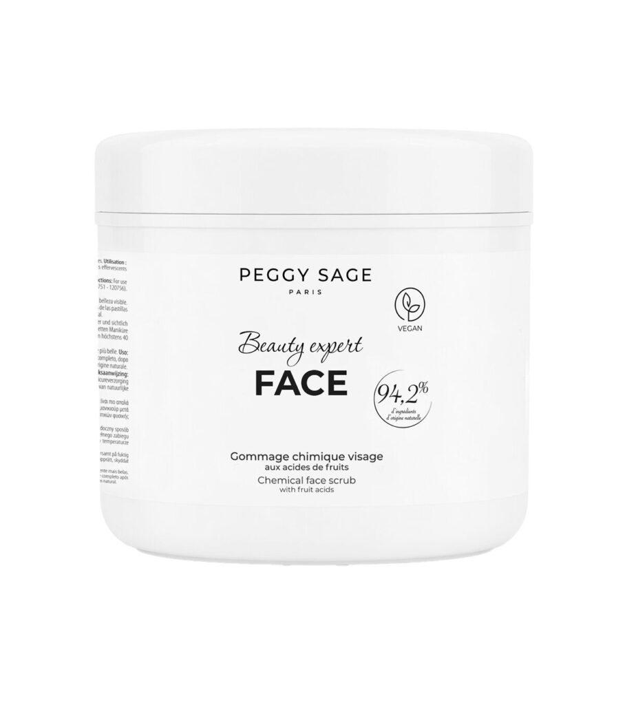 White cosmetic jar labeled Peggy Sage Paris, 'Beauty expert FACE' for a chemical facial scrub with fruit acids on the label.