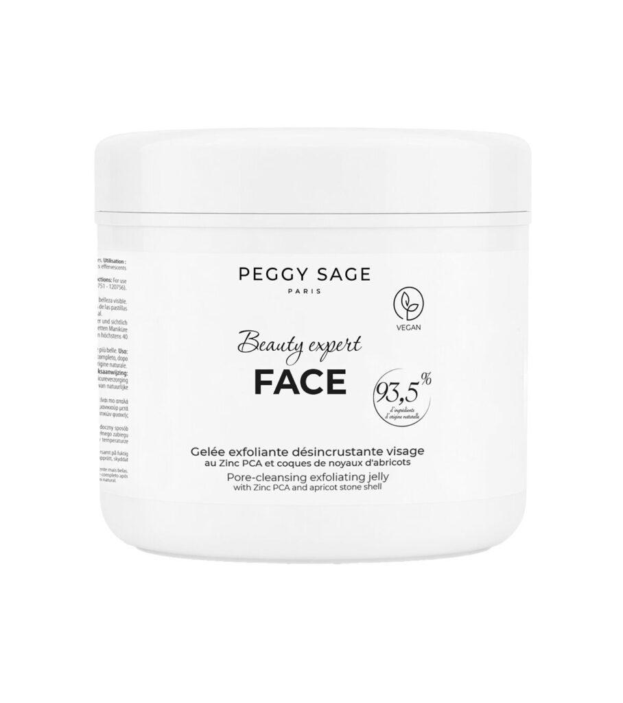 White cosmetic jar labeled 'Peggy Sage Paris' with 'Beauty expert FACE'—pore-cleansing exfoliating jelly container