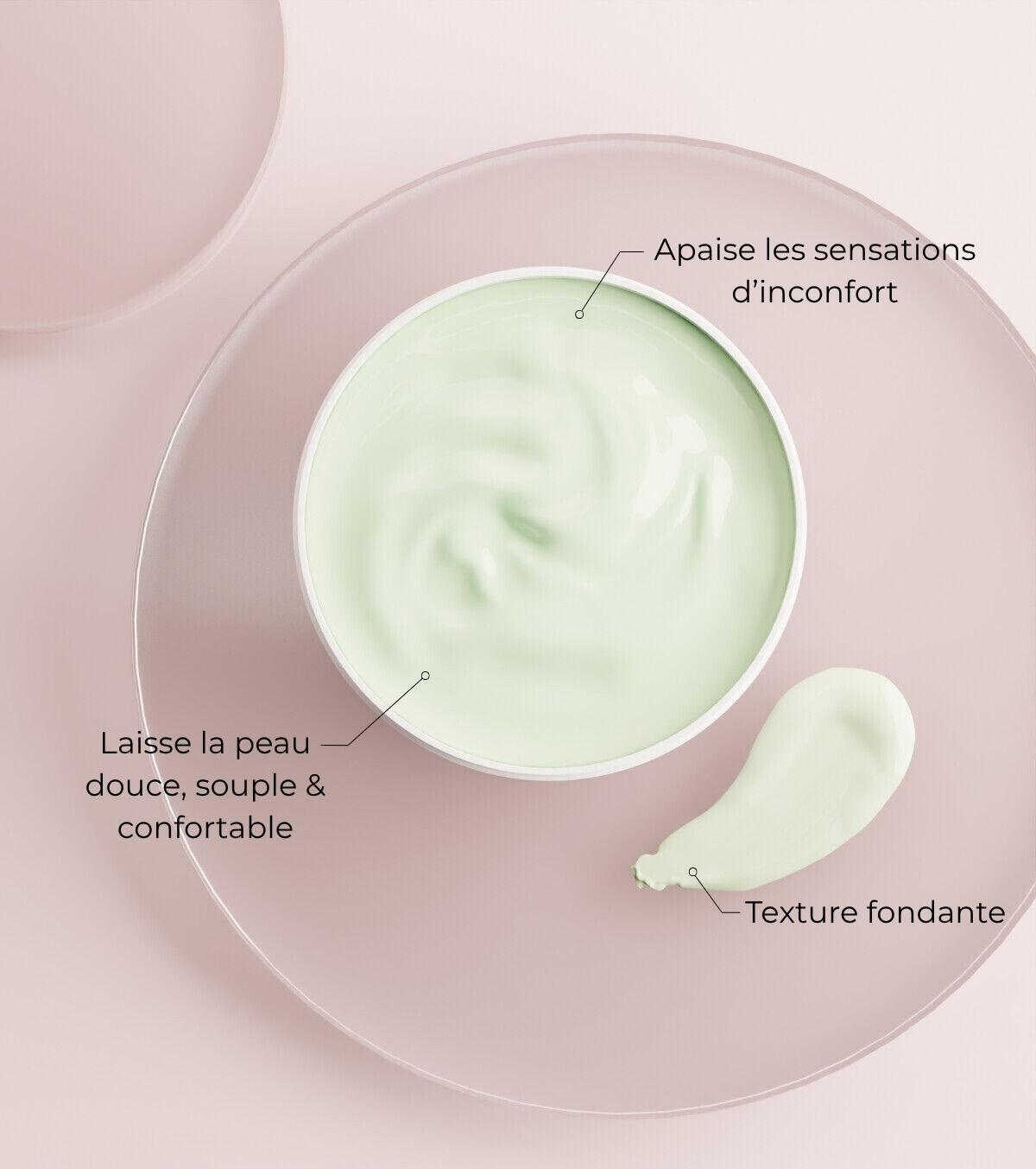 400313-3-fr | ATE Bordeaux Cream in a pastel pink jar with a pale green, whipped texture; labels indicate it soothes discomfort and leaves skin soft and comfortable, with a melting texture.