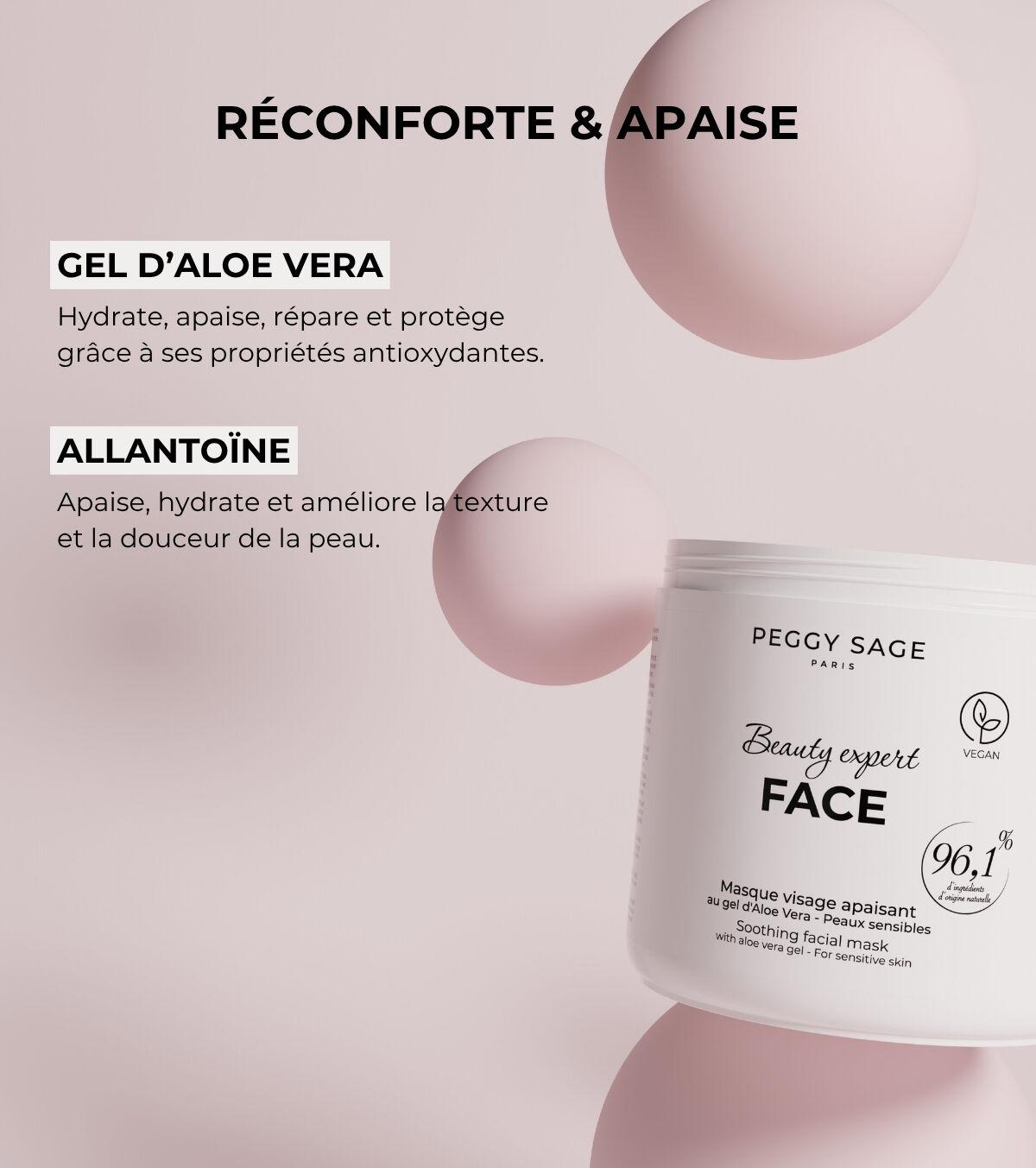 400313-4-fr | ATE Bordeaux Advert for a soothing facial mask with Aloe Vera and Allantoin; pastel pink background and a white jar labeled 'Beauty expert FACE'.