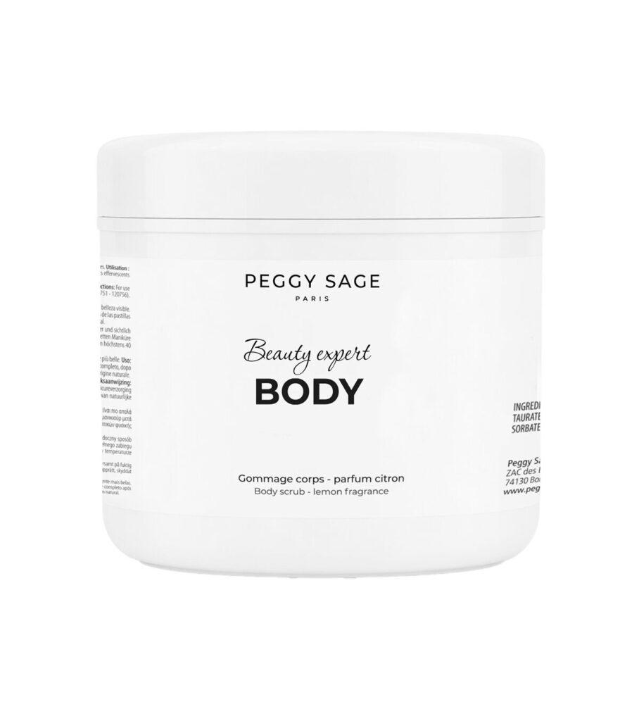 Peggy Sage Paris Beauty expert Body, lemon-scented body scrub in a white jar with minimal black text