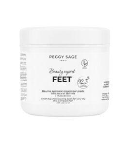 White jar of Peggy Sage Feet beauty balm for very dry feet with coconut oil, labeled 'Soothing and repairing balm for very dry and damaged feet'