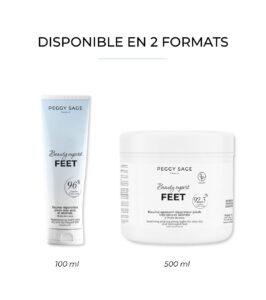 Peggy Sage Feet beauty balm in two sizes: 100 ml tube and 500 ml jar, on a white background (text: available in two formats).