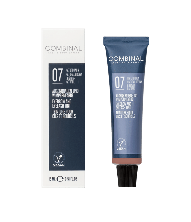 CombinAL brow and lash tint kit: white box beside a blue-tube with 07 NATURBRAUN and vegan logo (eyebrow and eyelash tint for natural brown).