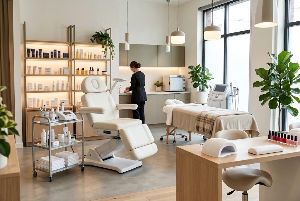 Modern skincare clinic interior with a white reclining treatment chair, product shelves, and a treatment bed.
